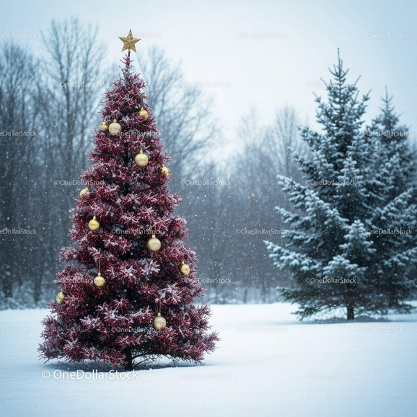 Red Christmas Tree with Golden Ornaments in Snowy Landscape