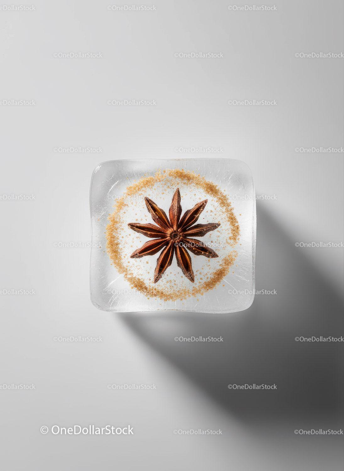 Star Anise Embedded in Clear Ice Cube on White Surface