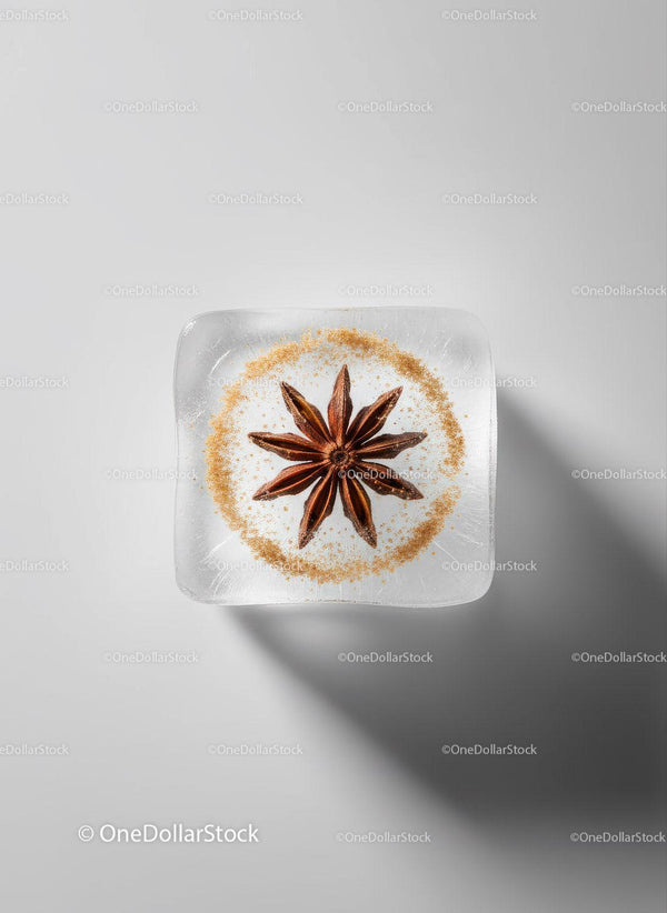 Star Anise Embedded in Clear Ice Cube on White Surface