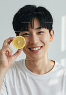 Smiling Young Man Holding Lemon Slice Portrait with Fresh Citrus