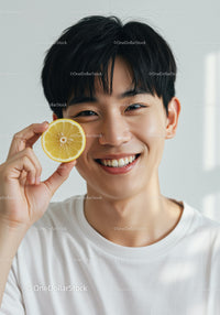 Smiling Young Man Holding Lemon Slice Portrait with Fresh Citrus