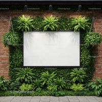 Outdoor blank billboard framed by vibrant green plants