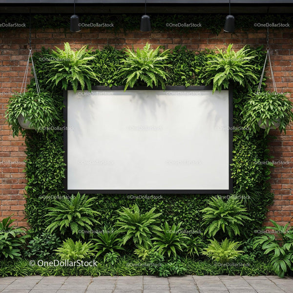 Outdoor blank billboard framed by vibrant green plants JPG Mockup Image