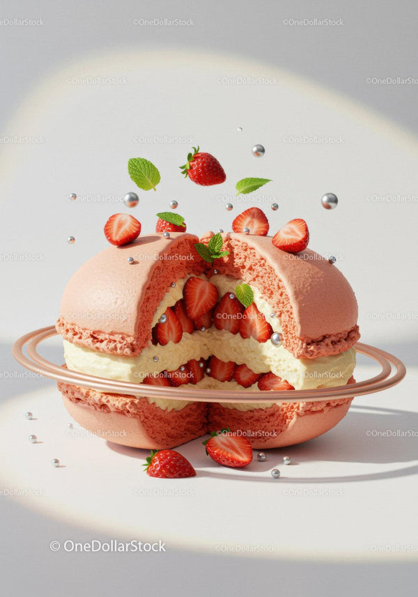 Strawberry Macaron Cake with Cream and Fresh Mint