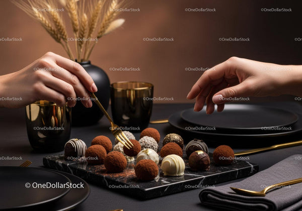 Assorted Gourmet Truffles on Black Marble Platter with Elegant Table Setting
