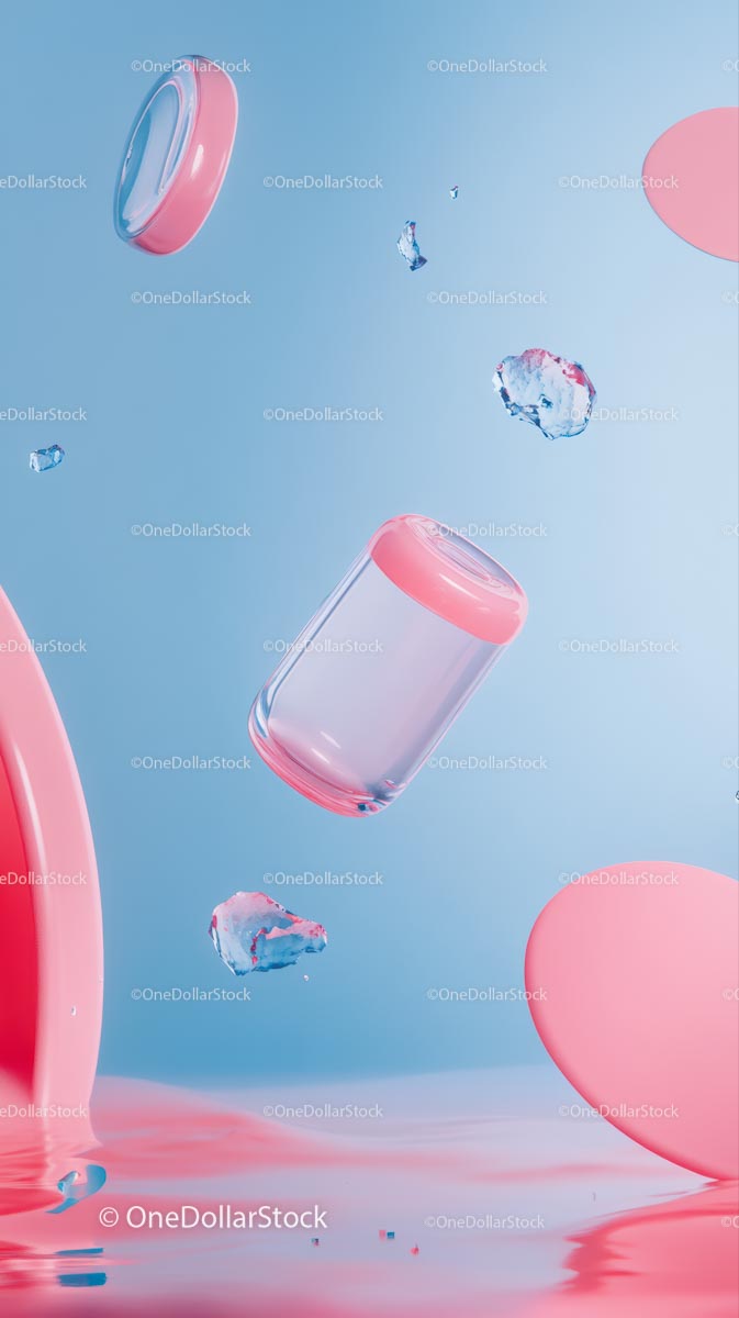 Floating Pink and White Soda Cans with Water Splash Effect