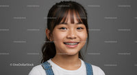 Portrait of a Happy Girl with Braces Smiling Brightly Against Grey Background
