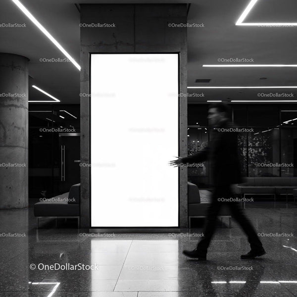Blurred businessman walking by bright advertisement panel JPG Mockup Image
