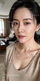 Thoughtful Asian woman in cozy home setting