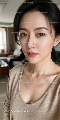 Thoughtful Asian woman in cozy home setting