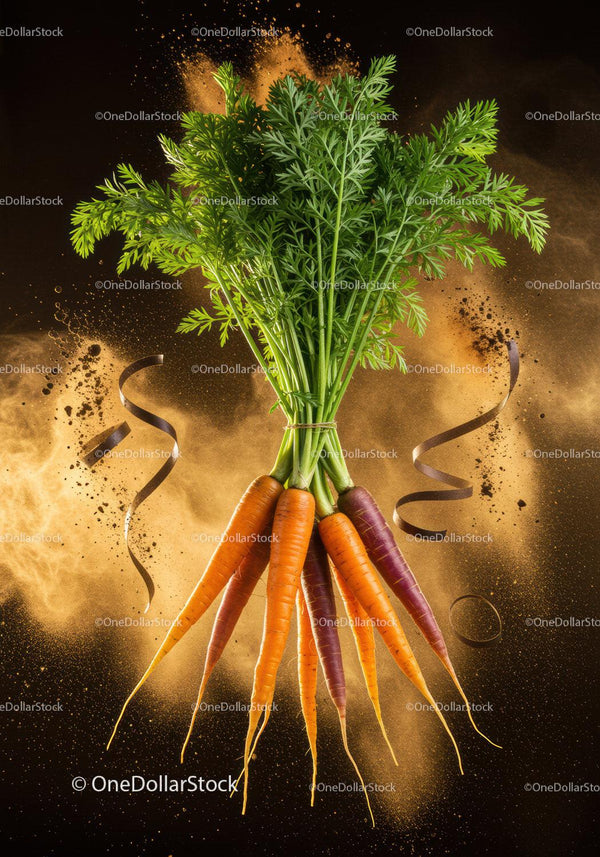 Fresh multicolor carrots with green tops on dark background