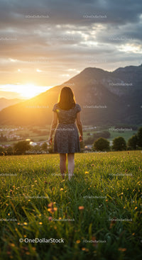 Woman standing in meadow watching sunset over mountains