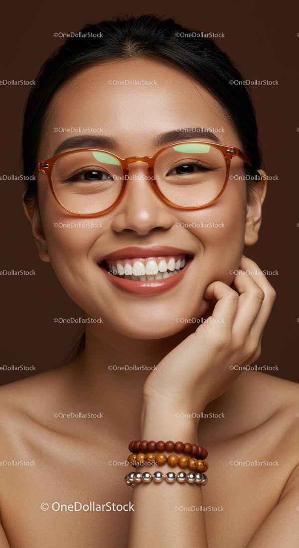 Smiling woman wearing glasses and beaded bracelets
