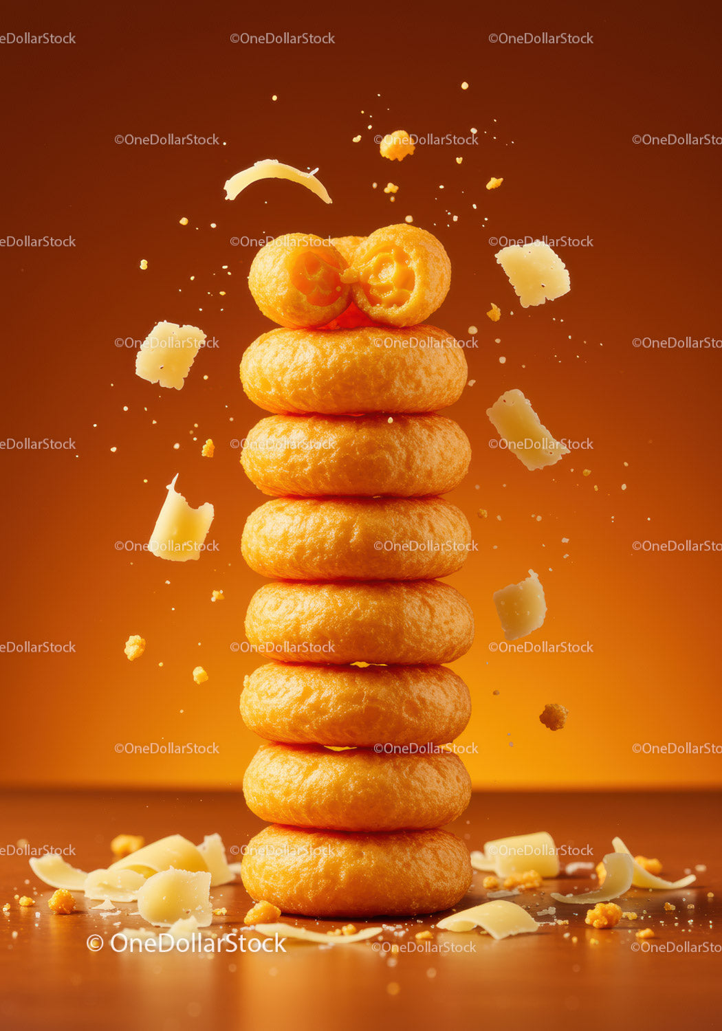Stack of crunchy cheese-flavored snacks with shavings