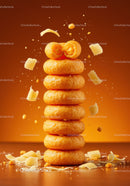 Stack of crunchy cheese-flavored snacks with shavings