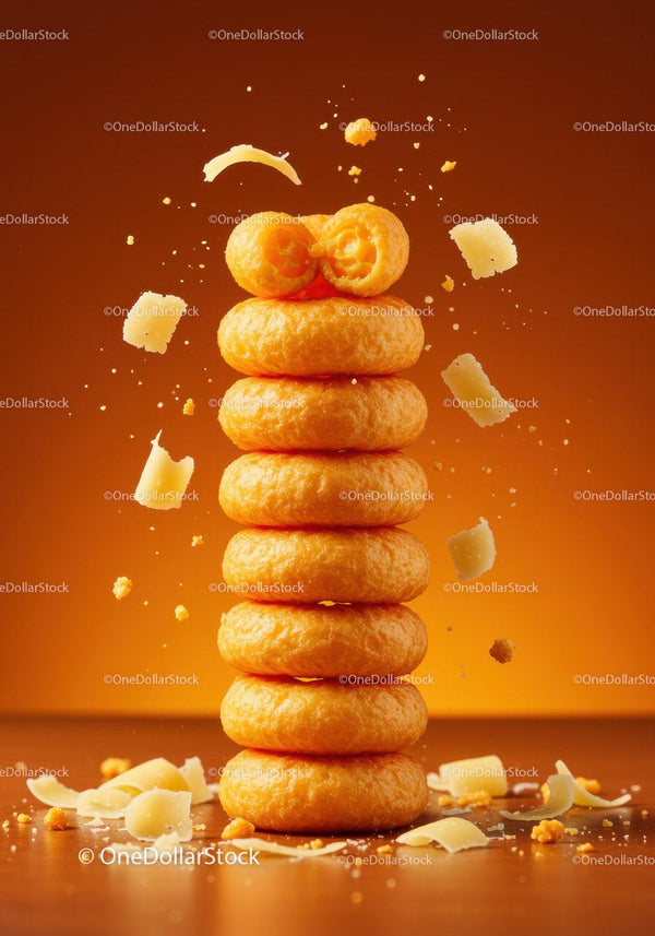 Stack of crunchy cheese-flavored snacks with shavings