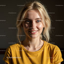 Bright Young Woman Smiling in Yellow T-Shirt Studio Portrait