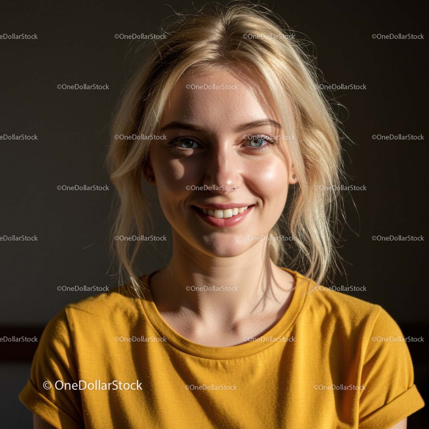 Jasna, młoda kobieta uśmiechająca się w żółtym T-shircie, portret studyjny