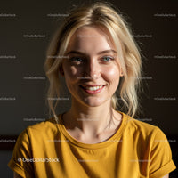 Bright Young Woman Smiling in Yellow T-Shirt Studio Portrait