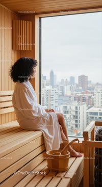 Woman Relaxing in Sauna Room with City Skyline View