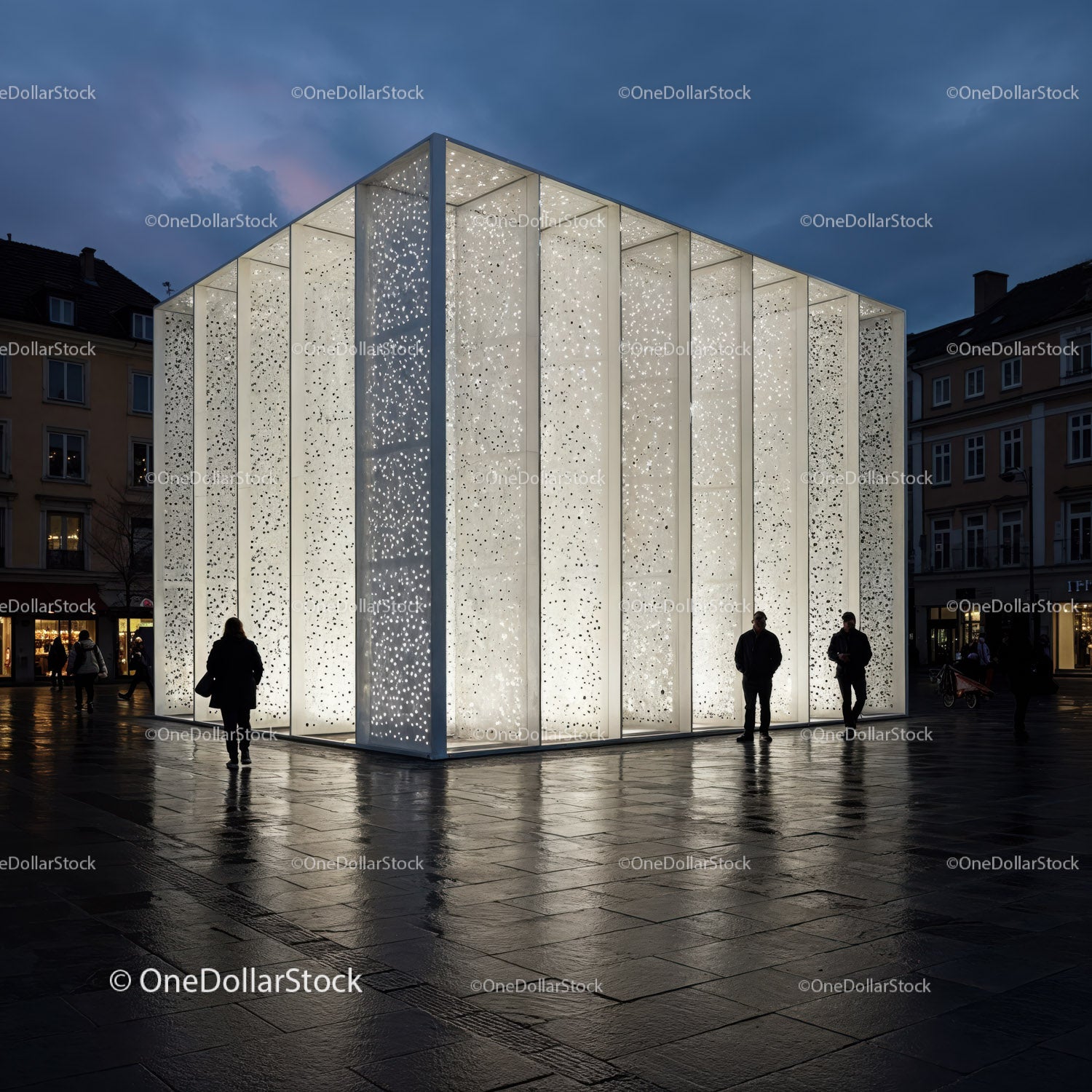 Futuristic Illuminated Architectural Pavilion in Urban Night Scene