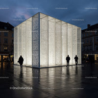 Futuristic Illuminated Architectural Pavilion in Urban Night Scene