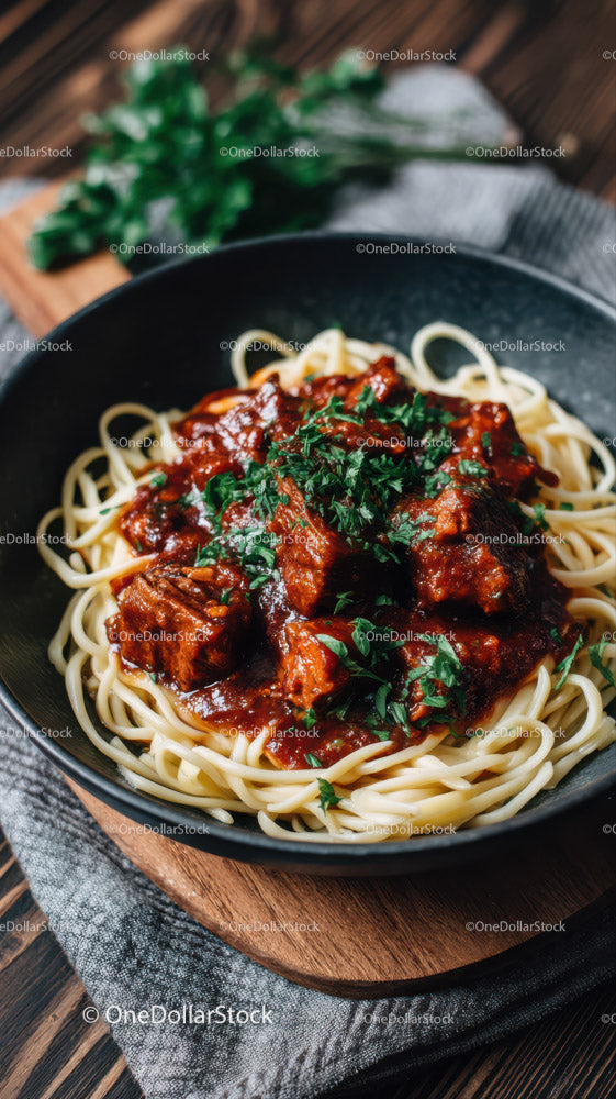Sycący gulasz wołowy ze spaghetti i świeżą pietruszką w czarnej misce