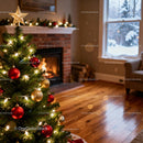 Cozy Christmas tree with decorations by warm fireplace