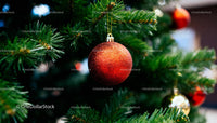 Red Glitter Christmas Ornament Hanging on Pine Tree