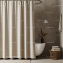 Modern Bathroom with Beige Curtain and Brown Tiled Wall