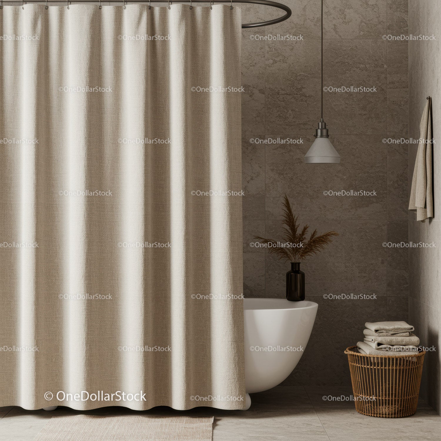 Modern Bathroom with Beige Curtain and Brown Tiled Wall