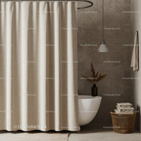 Modern Bathroom with Beige Curtain and Brown Tiled Wall