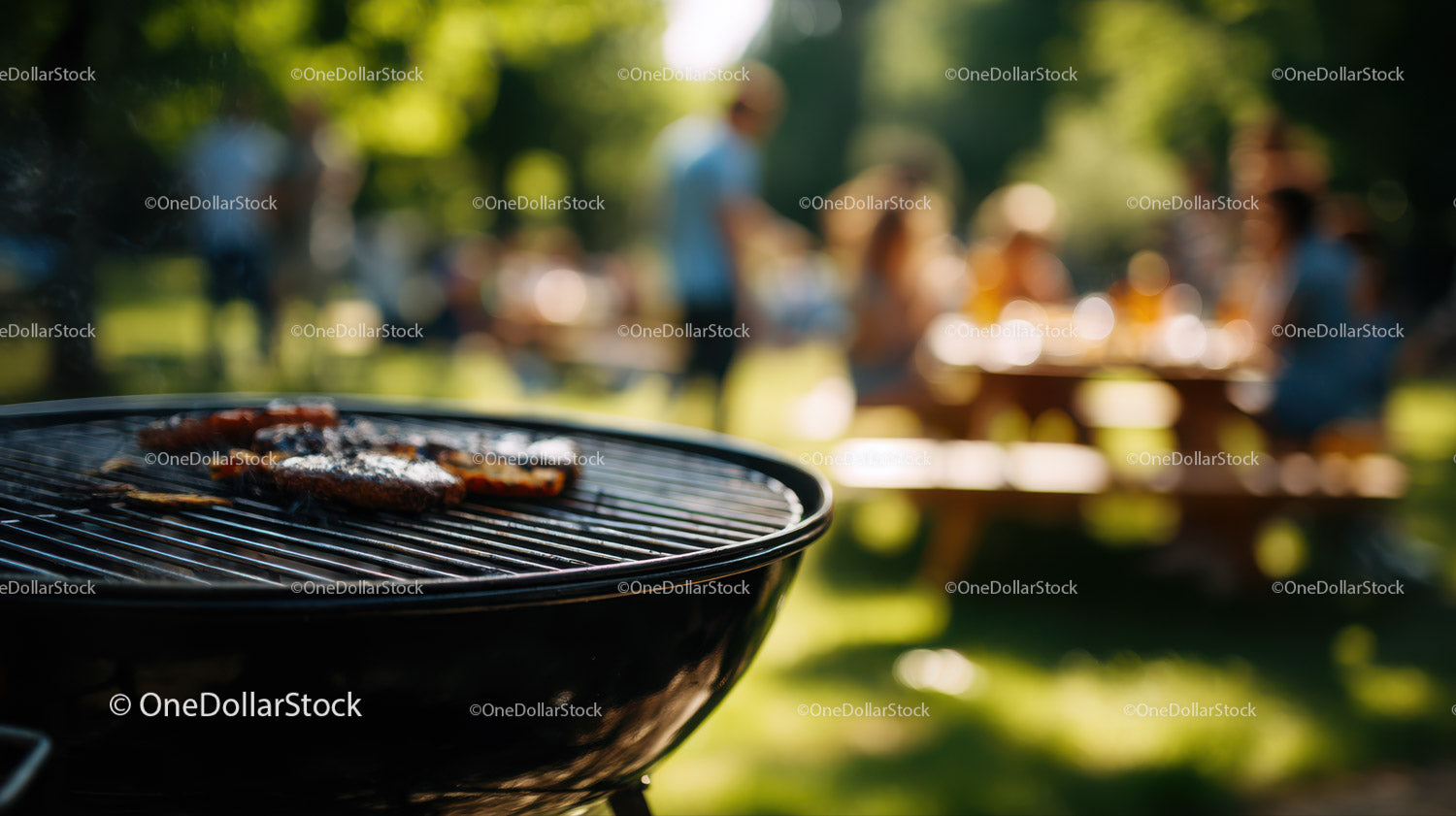 Outdoor Barbecue Grill with Sizzling Meat in Sunny Park Scene