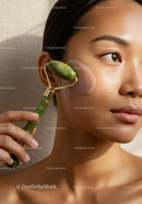 Close-up of Woman Using Jade Roller for Skin Rejuvenation and Relaxation