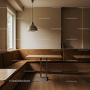 Modern Coffee Shop Interior with Wooden Seating and Warm Atmosphere