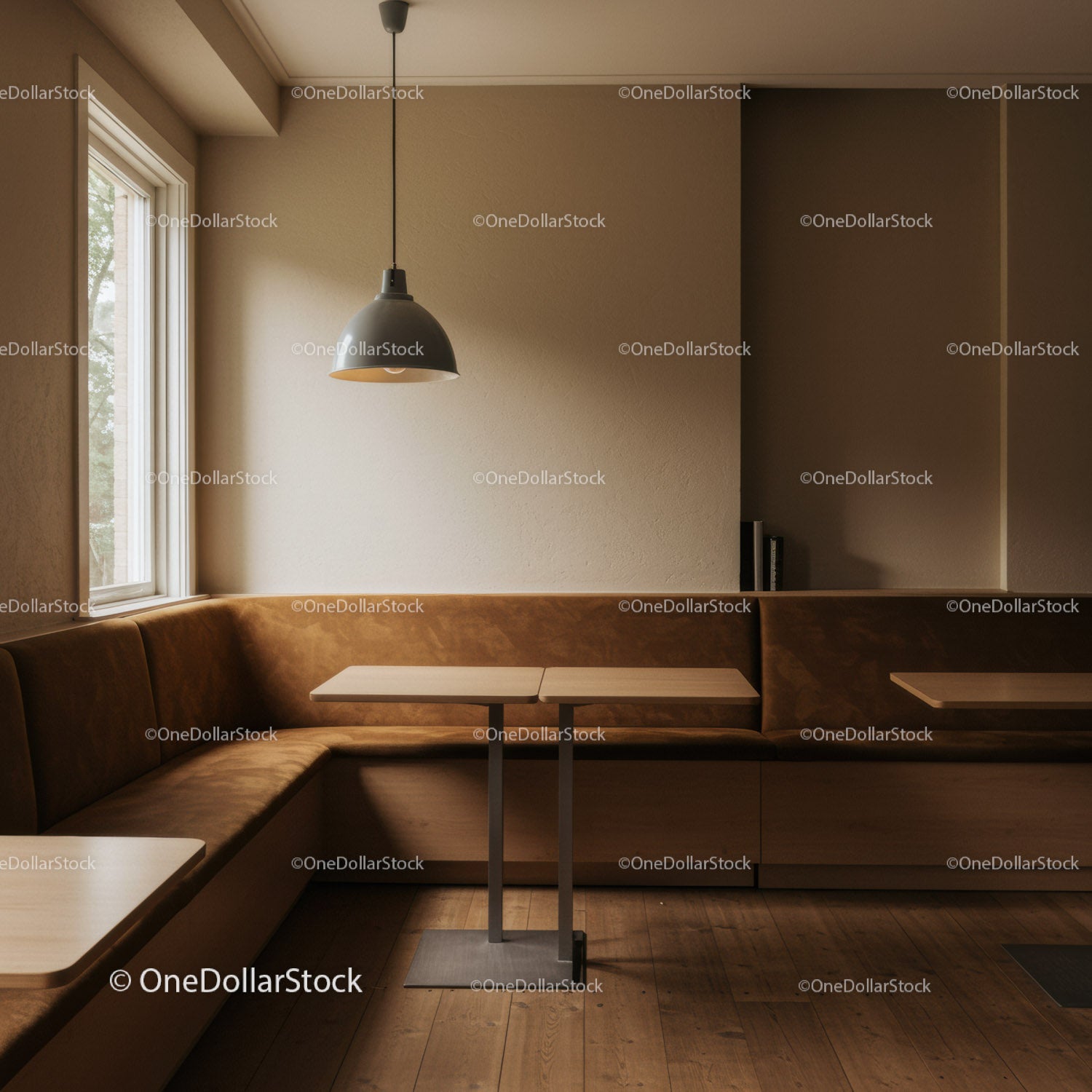 Modern Coffee Shop Interior with Wooden Seating and Warm Atmosphere