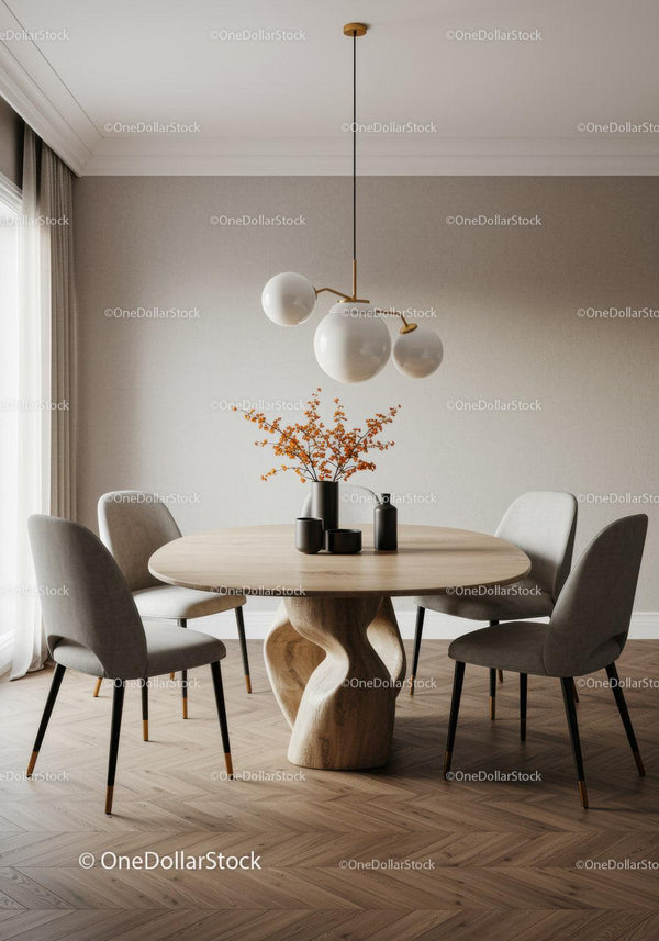 Stylish Modern Dining Room with Orange Flowers and Unique Wooden Table
