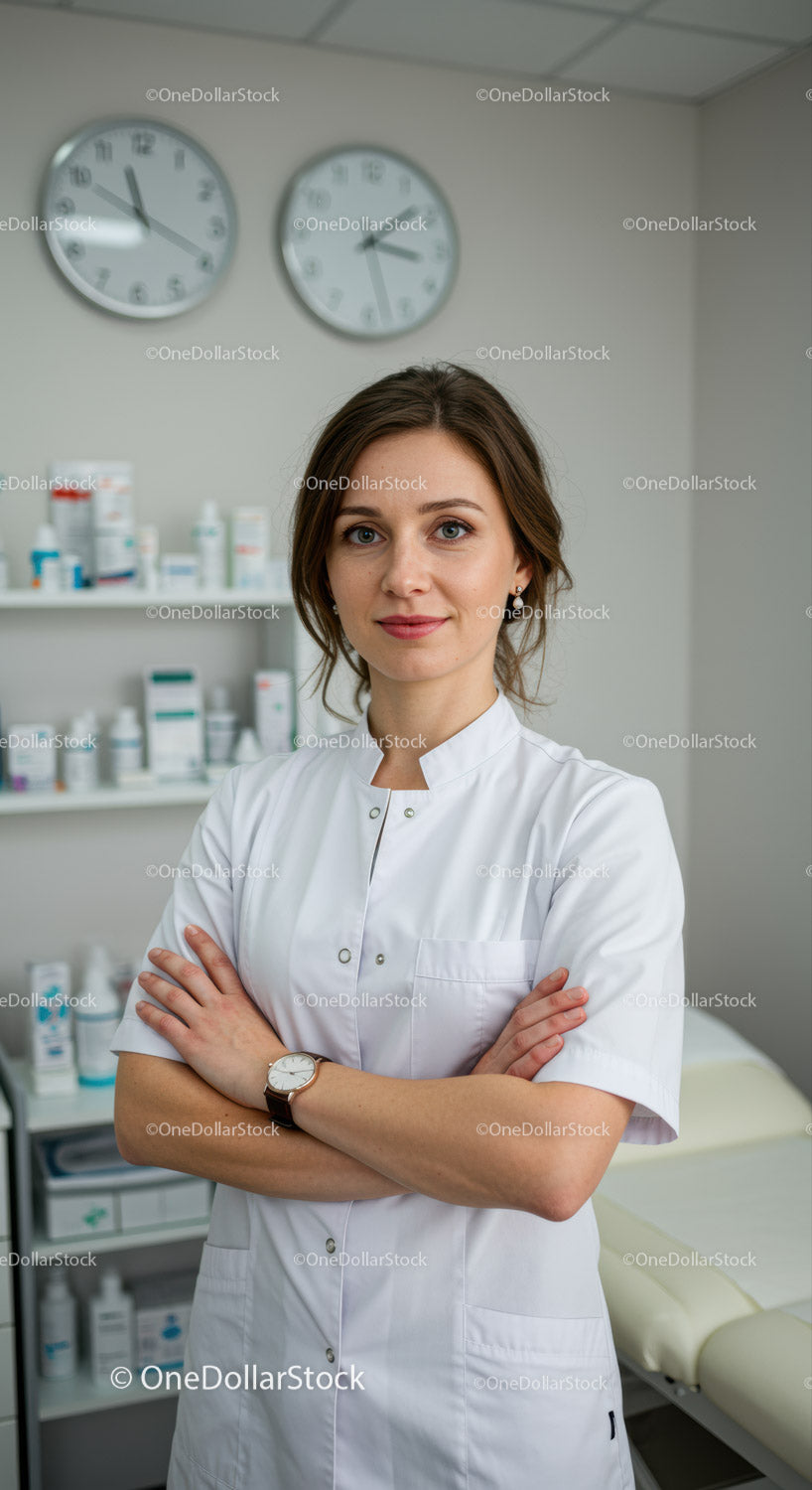 Pracownica służby zdrowia pewnie stojąca w klinice