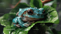Vibrant Blue Green Frog Resting on Leaf in Tropical Jungle
