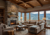Cozy living room with stone fireplace and mountain view