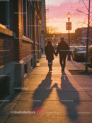 Couple Holding Hands Walking at Sunset on Urban Sidewalk