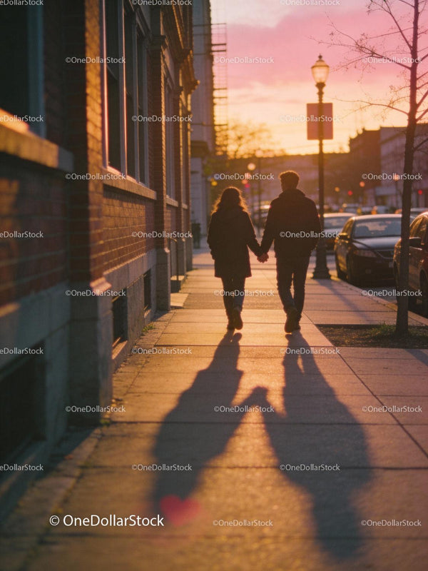 Couple Holding Hands Walking at Sunset on Urban Sidewalk