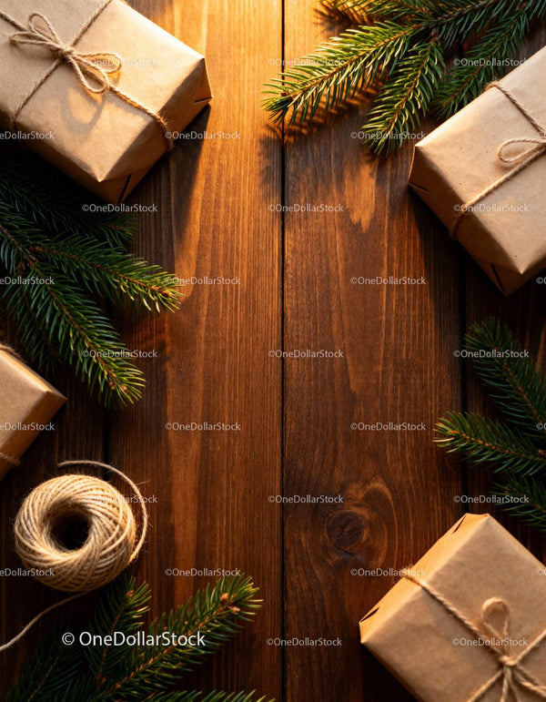 Rustic Christmas Gifts Wrapped in Kraft Paper with Pine Branches