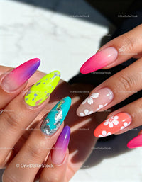 Colorful Gradient and Floral Nail Art Design