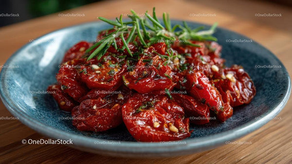 Spicy Red Cherry Peppers Garnished with Fresh Herbs on Blue Plate