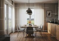 Modern dining room with large windows and natural light
