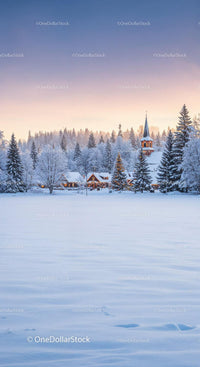 Snowy village with lit church steeple at dusk