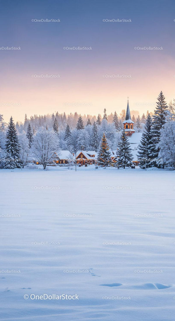 Snowy village with lit church steeple at dusk