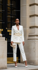 Confident woman in elegant white suit with gold accents