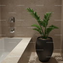 Green Tropical Palm Plant in Stylish Black Pot in Modern Bathroom